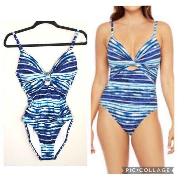 NWT La Blanca Twist Front Keyhole Slimming Fit One Piece Swimsuit Blue Size 6 - Picture 1 of 8